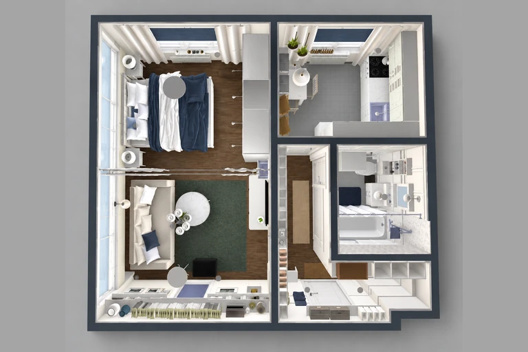 3D overview of Chic Studio Apartment Plan with Modern Kitchen & Bath
