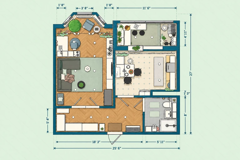 Furnished 2D floor plan of Compact Studio Apartment Plan with Space-Saving Design