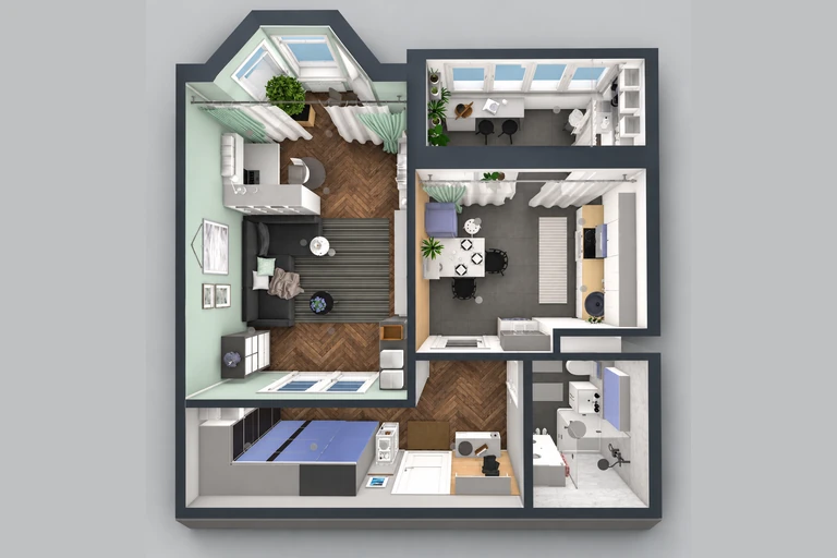 3D overview of Compact Studio Apartment Plan with Space-Saving Design