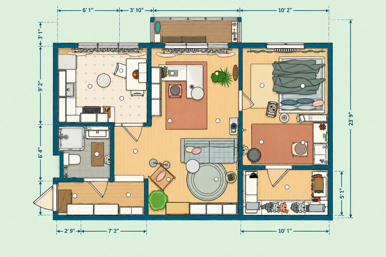 Furnished 2D floor plan of Cozy Apartment Floor Plan with Bright Living & Workspace