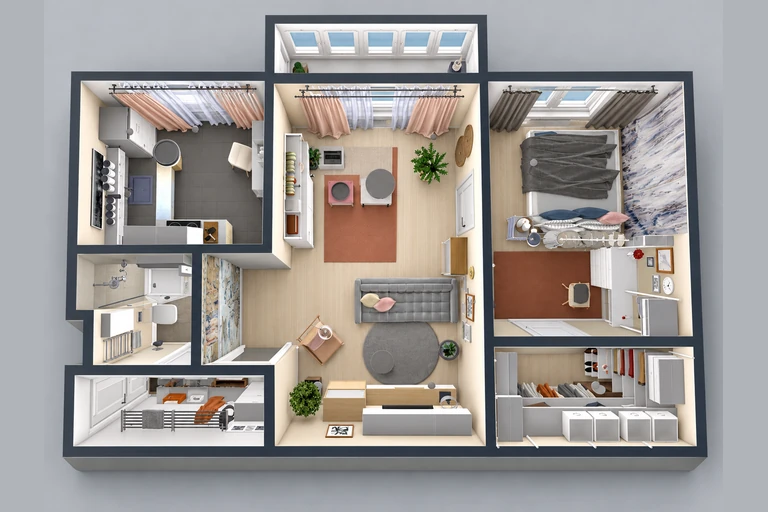 3D overview of Cozy Apartment Floor Plan with Bright Living & Workspace