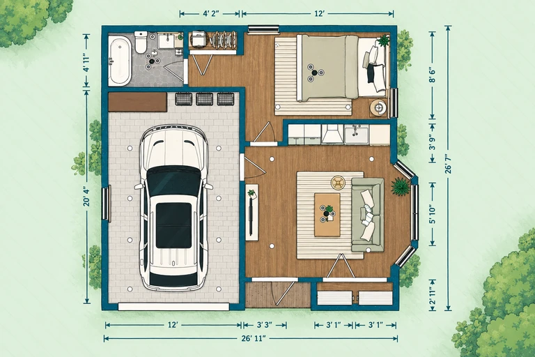 Furnished 2D floor plan of Cozy One-Bedroom Garage House Plan for Singles & Couples