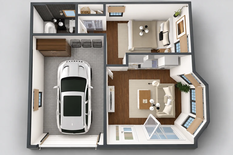 3D overview of Cozy One-Bedroom Garage House Plan for Singles & Couples