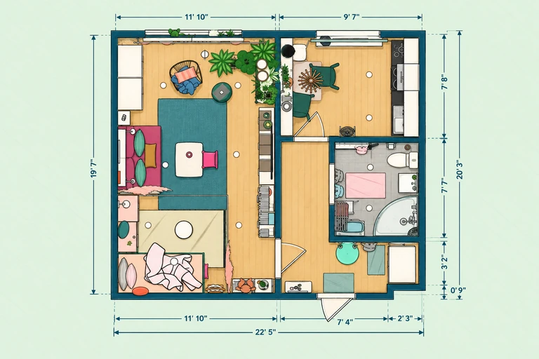 Furnished 2D floor plan of Cozy Micro Apartment Floor Plan for a Family of Three