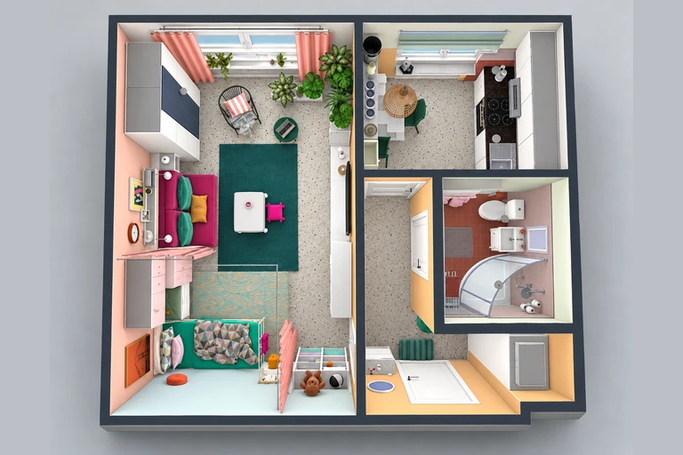 3D overview of Cozy Micro Apartment Floor Plan for a Family of Three