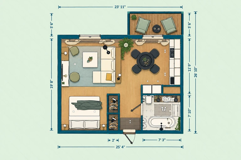 Furnished 2D floor plan of Cozy Open-Concept Apartment Plan with Spa Bath & Balcony