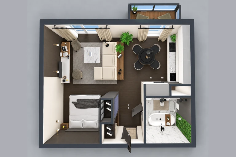 3D overview of Cozy Open-Concept Apartment Plan with Spa Bath & Balcony