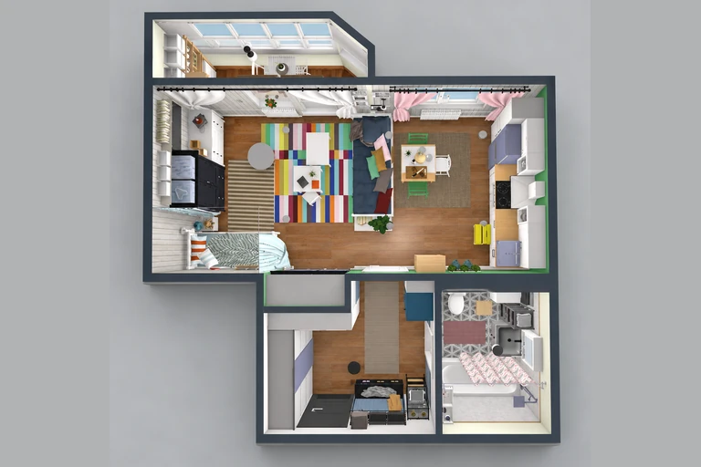 3D overview of Creative Studio Apartment Floor Plan with Kids' Nook