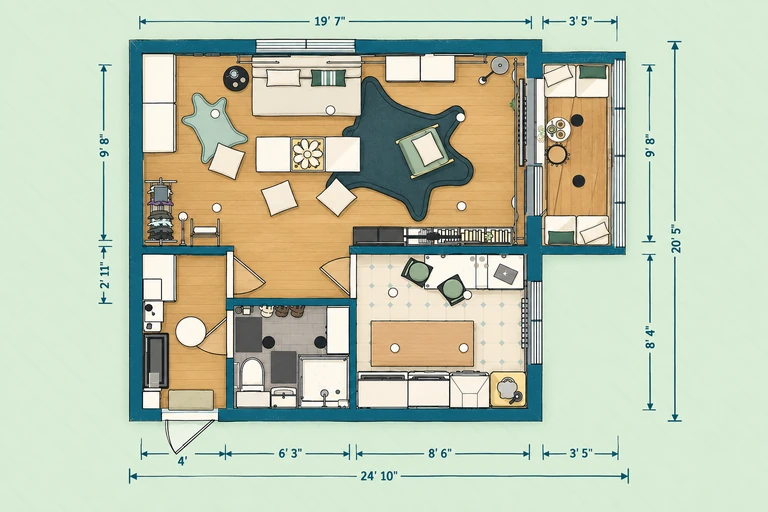 Furnished 2D floor plan of Dark Studio Apartment Design with Smart Layout