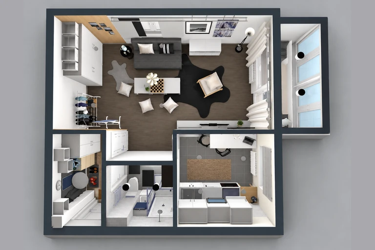 3D overview of Dark Studio Apartment Design with Smart Layout