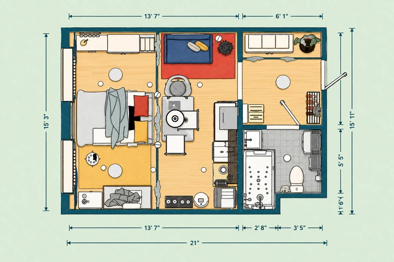Furnished 2D floor plan of Efficient Apartment Plan with Bright, Multi-Use Spaces