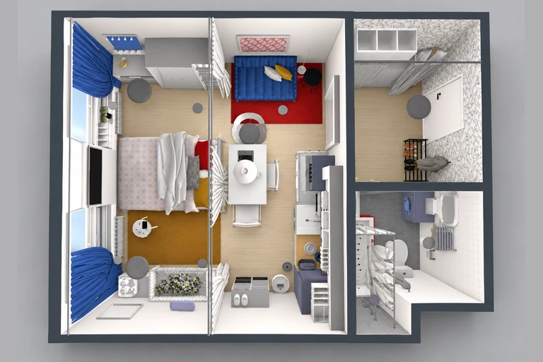 3D overview of Efficient Apartment Plan with Bright, Multi-Use Spaces