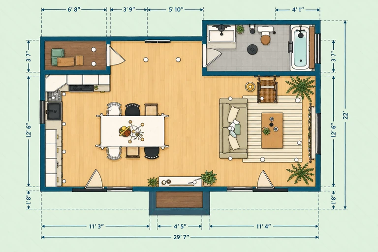 Furnished 2D floor plan of Effortless Living Micro Studio House Plan with Style