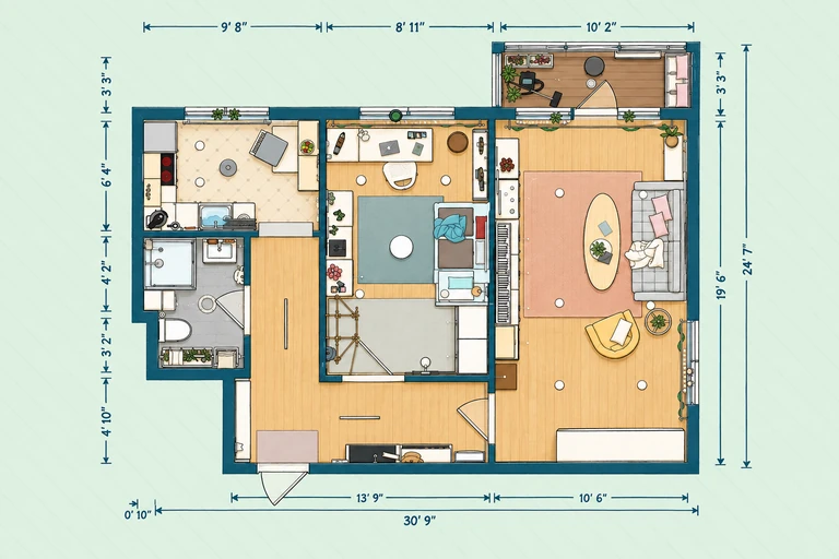 Furnished 2D floor plan of Functional One Bedroom Apartment Layout with Balcony