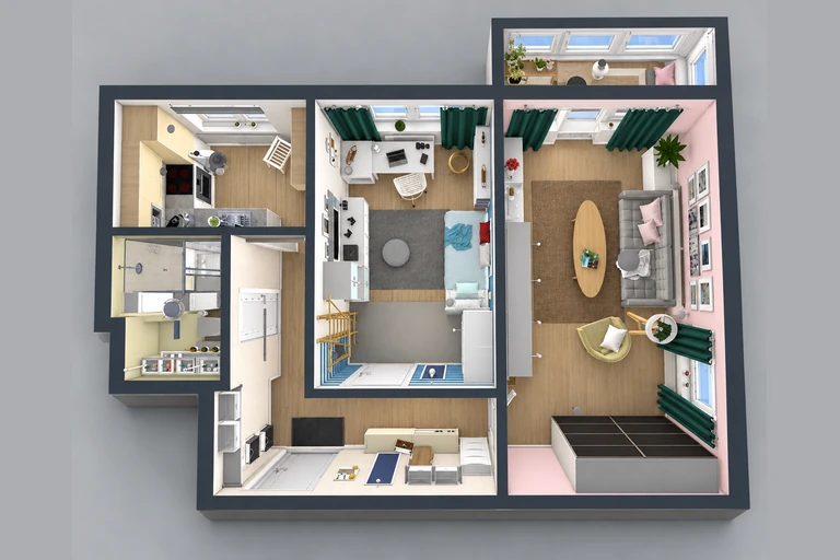 3D overview of Functional One Bedroom Apartment Layout with Balcony