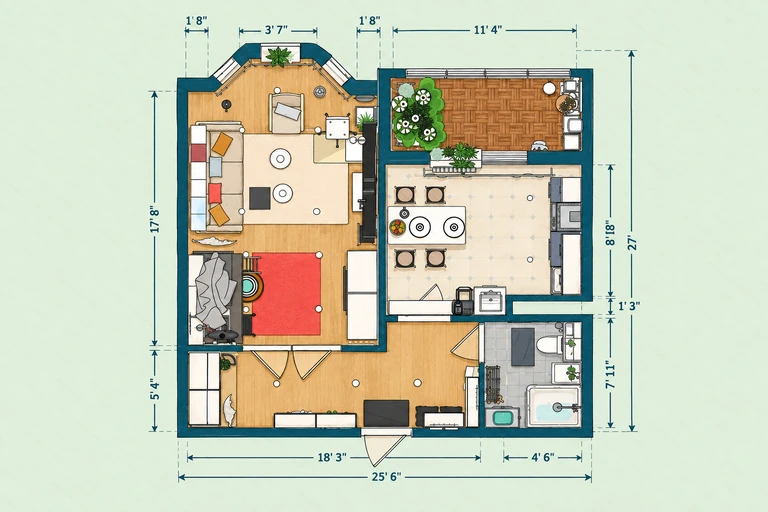 Furnished 2D floor plan of Functional Studio Apartment Plan with Work, Sleep & Lounge Areas