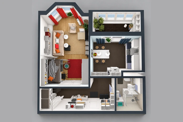 3D overview of Functional Studio Apartment Plan with Work, Sleep & Lounge Areas