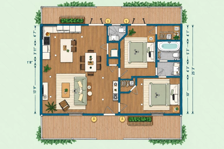 Furnished 2D floor plan of Inviting Small Cottage Blueprint with Open Living