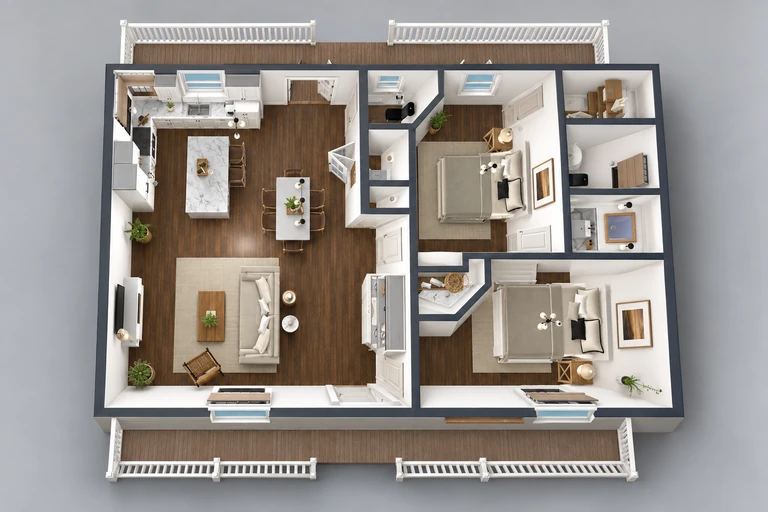 3D overview of Inviting Small Cottage Blueprint with Open Living