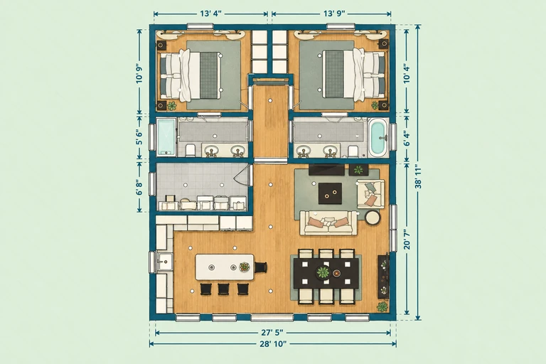 Furnished 2D floor plan of Luxury Two Bedroom Apartment Plan with Ensuite Baths & Laundry