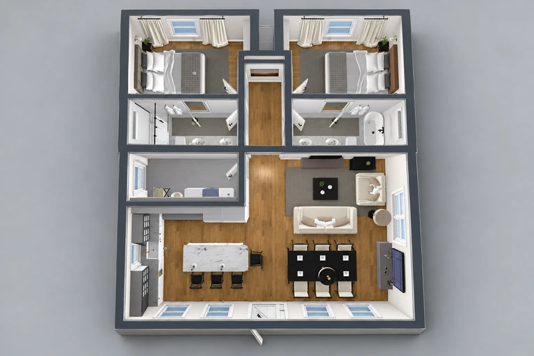 3D overview of Luxury Two Bedroom Apartment Plan with Ensuite Baths & Laundry