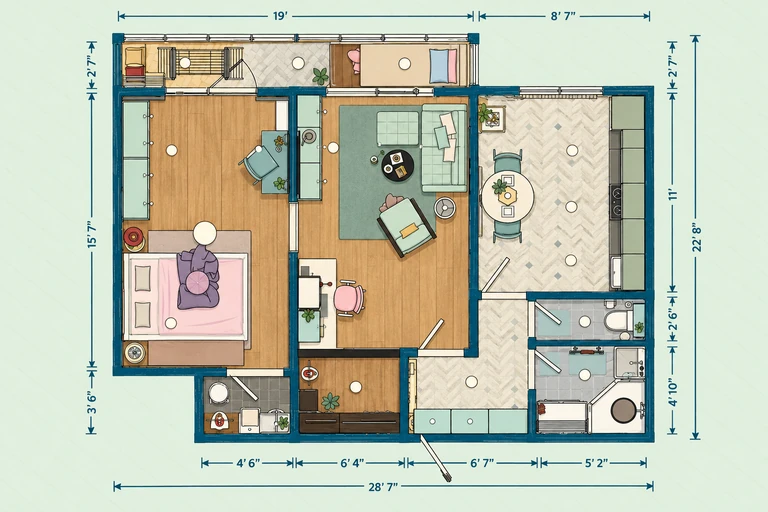 Furnished 2D floor plan of Modern One Bedroom Apartment Plan with Sunroom