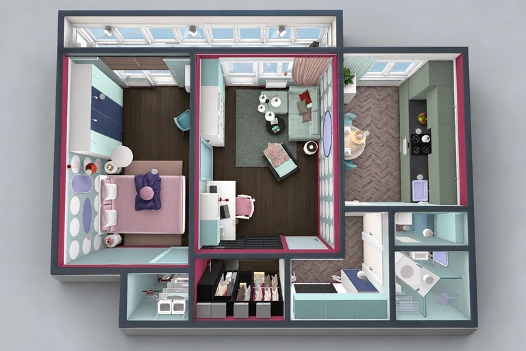 3D overview of Modern One Bedroom Apartment Plan with Sunroom