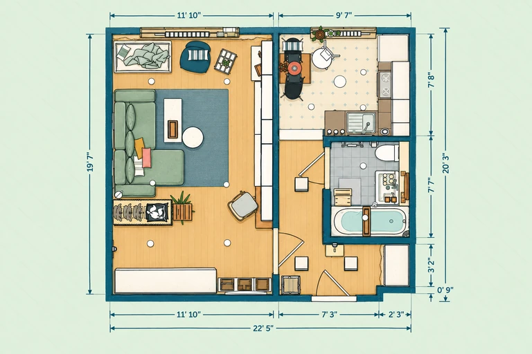 Furnished 2D floor plan of Multifunctional Family Studio Apartment Plan with Japanese Bath