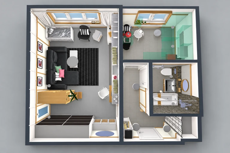 3D overview of Multifunctional Family Studio Apartment Plan with Japanese Bath