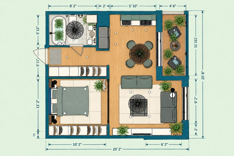Furnished 2D floor plan of Neutral Apartment Floor Plan with Enclosed Sunroom