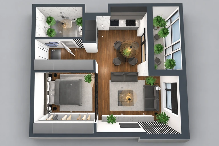 3D overview of Neutral Apartment Floor Plan with Enclosed Sunroom