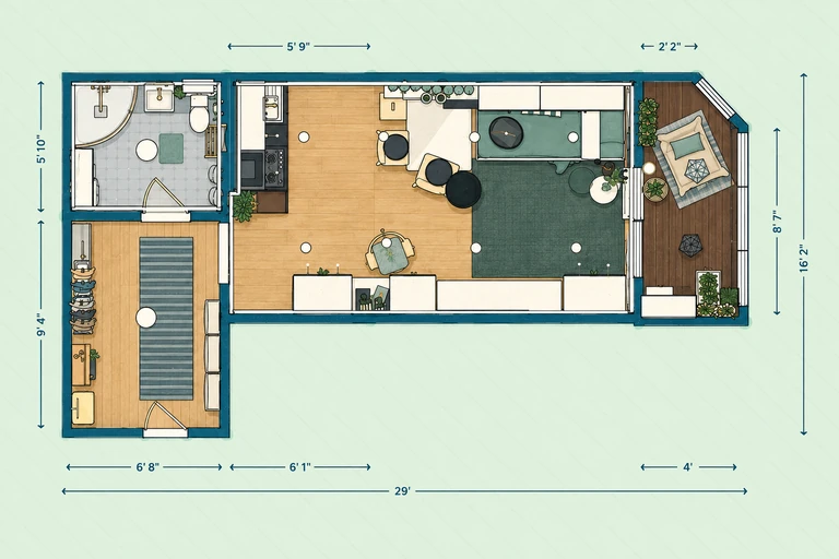 Furnished 2D floor plan of Open Concept Studio Plan with Balcony Retreat