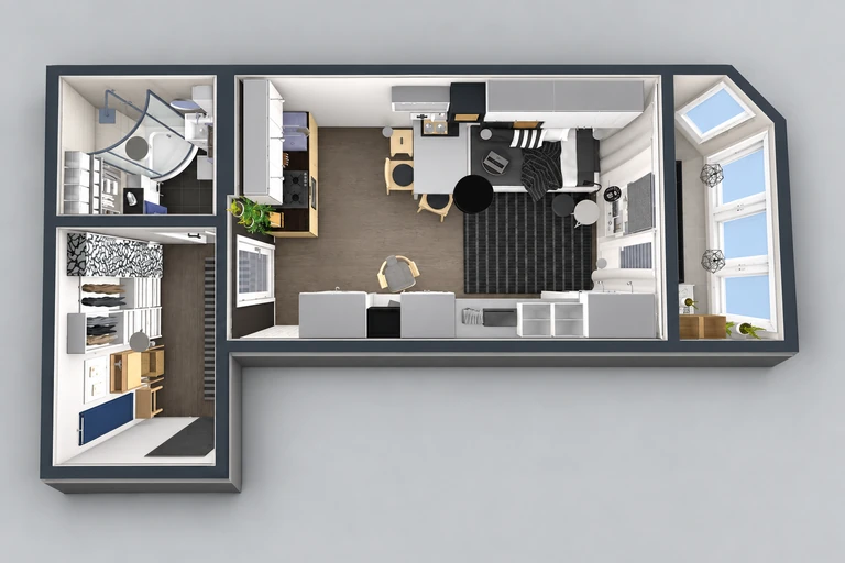 3D overview of Open Concept Studio Plan with Balcony Retreat