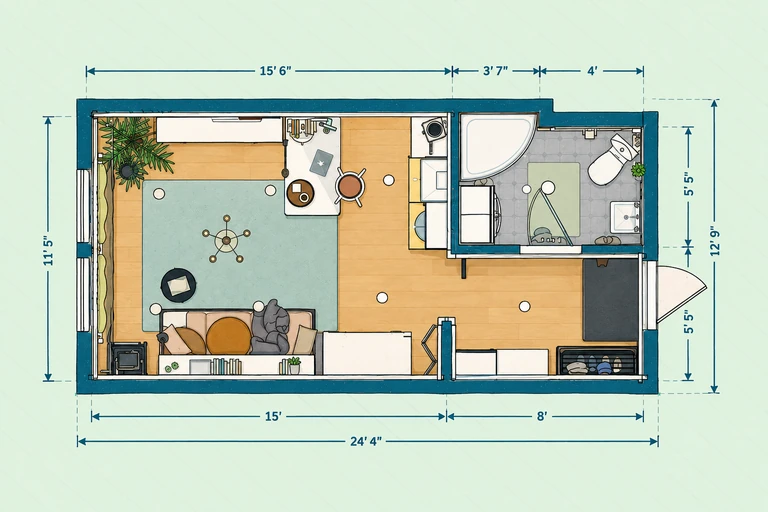 Furnished 2D floor plan of Smart Studio Apartment Plan with Space-Saving Design