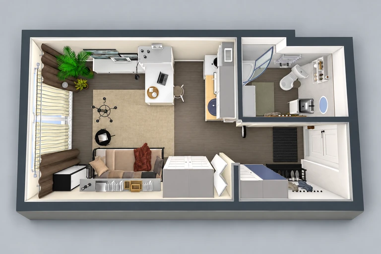 3D overview of Smart Studio Apartment Plan with Space-Saving Design