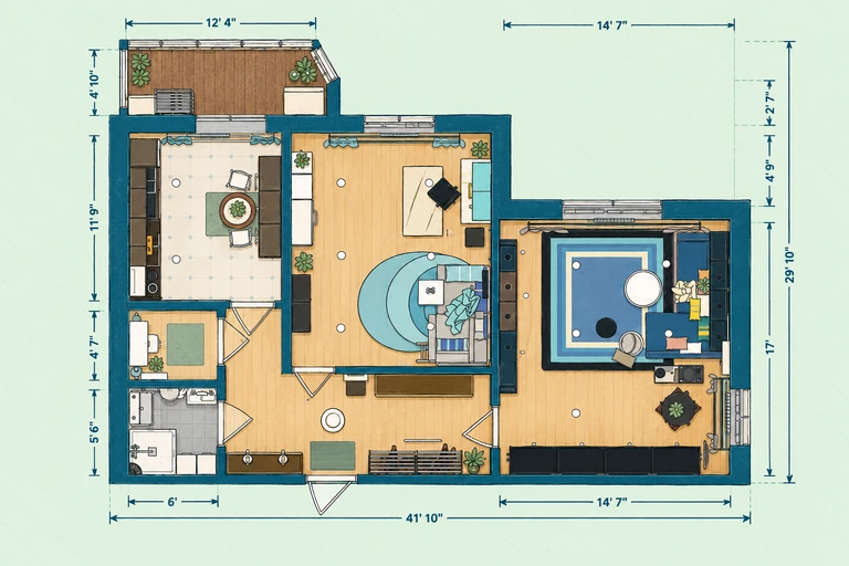 Furnished 2D floor plan of Spacious Dark Apartment Floor Plan with Office & Solarium