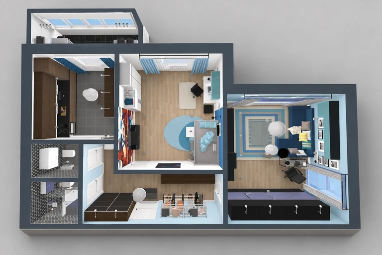 3D overview of Spacious Dark Apartment Floor Plan with Office & Solarium