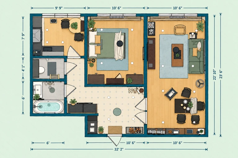 Furnished 2D floor plan of Stylish Monochrome One Bedroom Apartment Plan with Textured Interiors