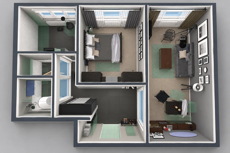 3D overview of Stylish Monochrome One Bedroom Apartment Plan with Textured Interiors