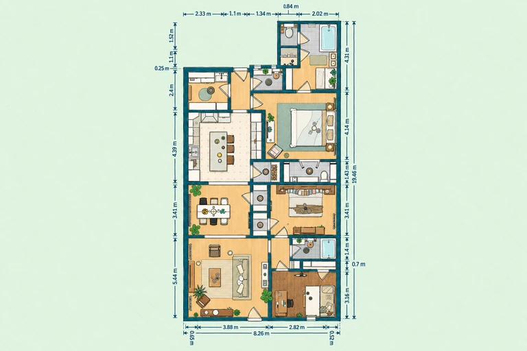 Furnished 2D floor plan of 3 Bedroom Narrow House Plan with Open Living & Storage