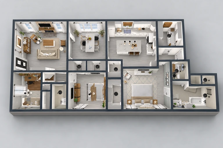 3D overview of 3 Bedroom Narrow House Plan with Open Living & Storage