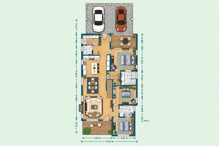 Furnished 2D floor plan of 5-Bed Home Plan with Two-Story Comfort & Style