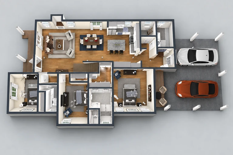 3D overview of 5-Bed Home Plan with Two-Story Comfort & Style