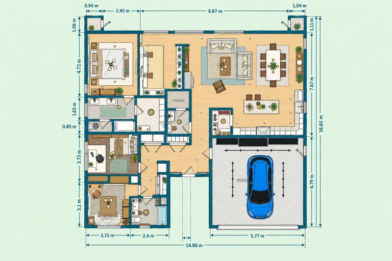 Furnished 2D floor plan of Boho Bungalow House Plan for Modern Living