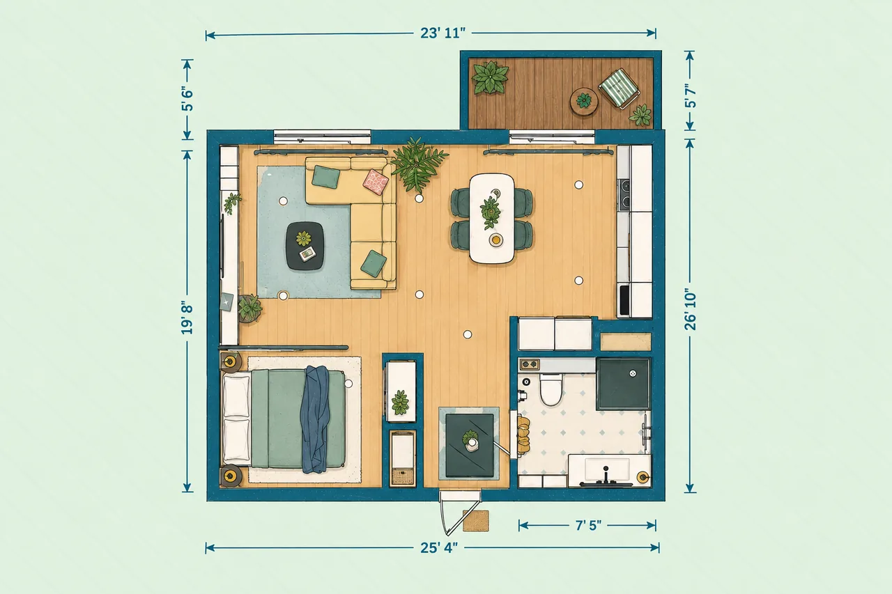 Furnished 2D floor plan of Cozy One Bedroom Floor Plan with Balcony & Modern Bath