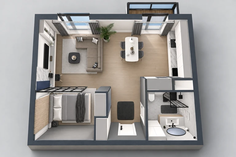 3D overview of Cozy One Bedroom Floor Plan with Balcony & Modern Bath
