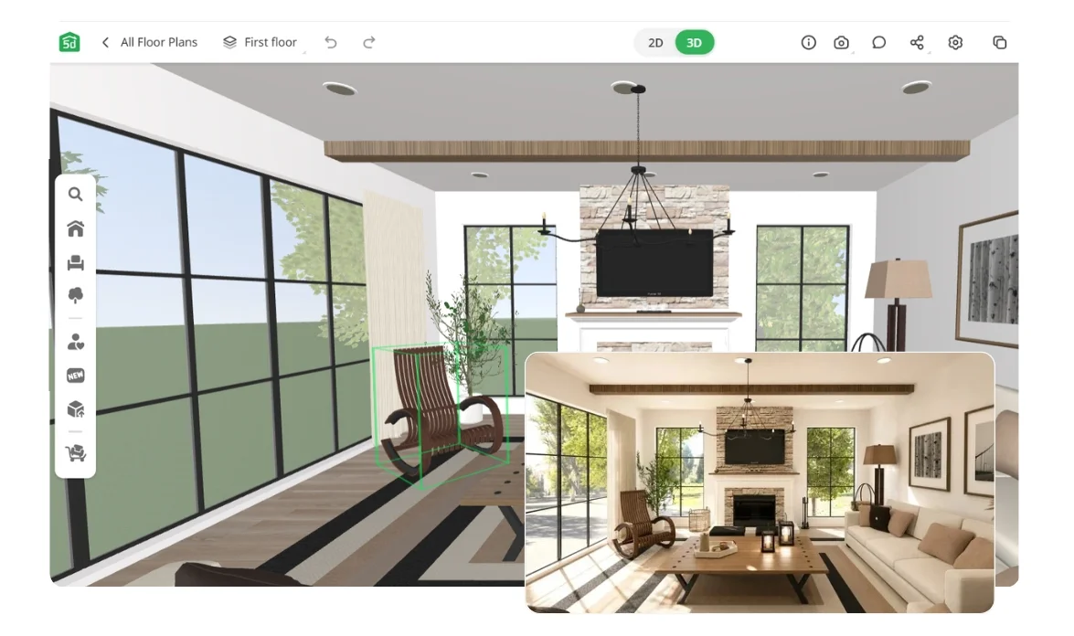 Room planner interface with 3D interior design preview