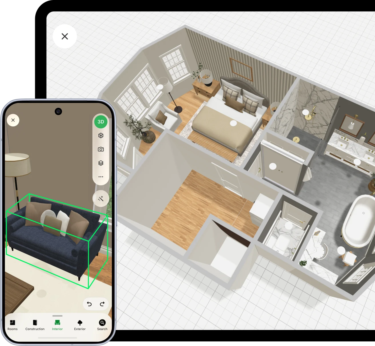 Planner 5D home design tools on an Android phone and tablet