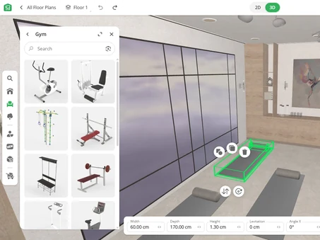 Gym equipment arranged in Planner 5D