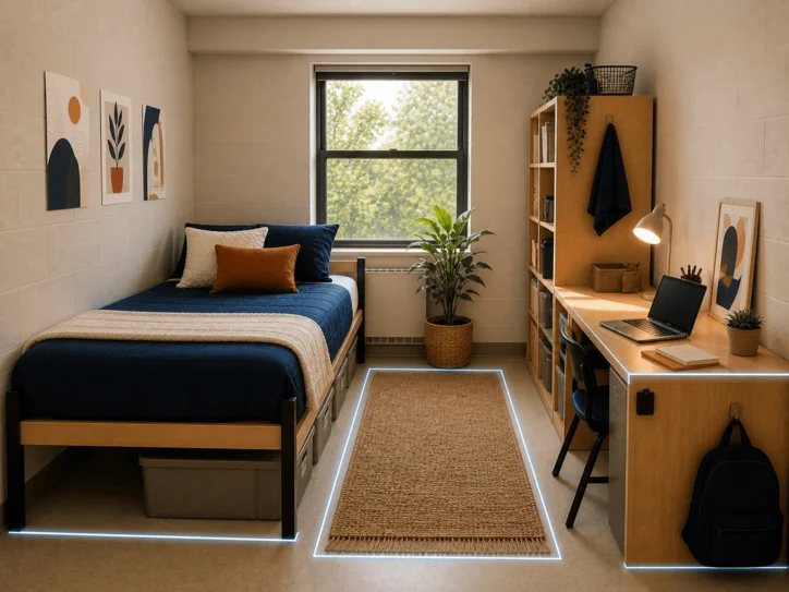 Compact college dorm room with a bed, desk, and personal decor